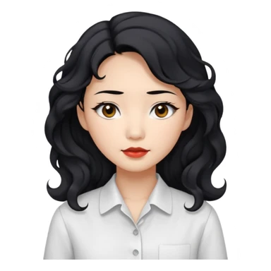 Asian woman, black hair, long permed wavy hair, white button-up shirt, flat colors, transparent background, black eyes sticker