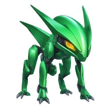 a shiny green Genesect-Raptor-Fakémon—hybrid with a futuristic visor-helmet full body sticker