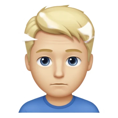 Crée l’emoji d’un homme blond , cheveux court mais un peu de cheveux sur le dessus , yeux bleus , nez avec une bosse, grain de beauté dans le cou. TEE shirt blanc  sticker
