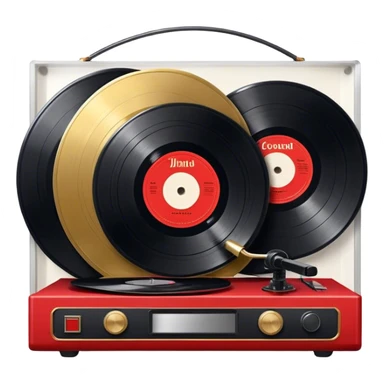 Icon for Vinyl Record Collecting: large black, golden and red vinyl records in decorative packaging featuring artist images, neatly arranged on a wall or shelf, modern vinyl record player. The icon should reflect the aesthetic and artistic aspect of collecting vinyl records. Transparent background. sticker