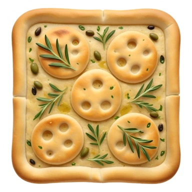 Focaccia Cinematic Realistic Focaccia Bread Dish Emoji, depicted as a golden, olive-oil brushed flatbread sprinkled with herbs, rendered with lifelike textures and warm, inviting lighting. sticker