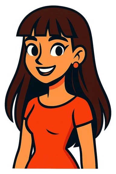 chica morena linda con cabello largo y fleco, vibrant cartoon style sticker