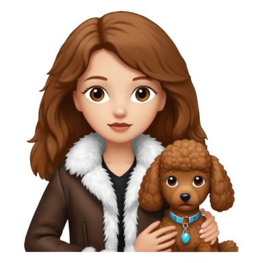 A white girl with a long brown straight hair and wearing a fur white jacket holds a brown poodle sticker