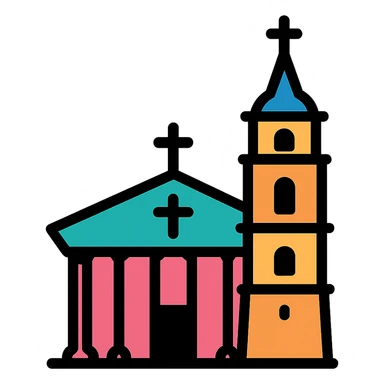 stylized Discord role icon of Vilnius Cathedral Lithuania, focus on cathedral columns and tower, modern flat design sticker