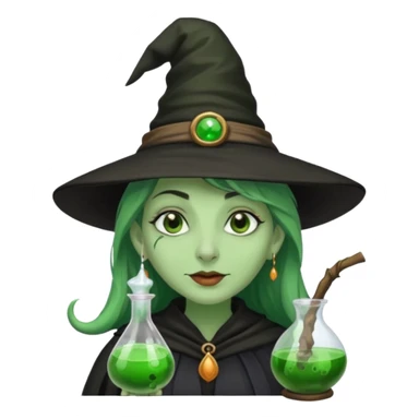 Witch with Green Skin – long-nosed witch in black hat holding potion sticker