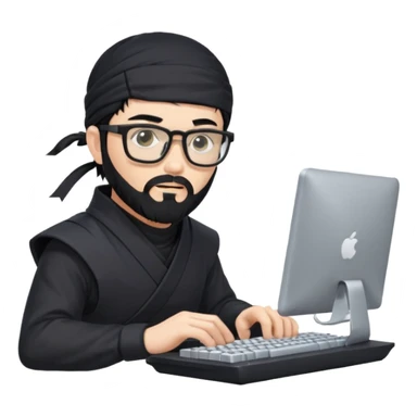 Man with black hair and beard wearing glasses in a ninja costume typing on a computer keyboard sticker