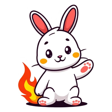 Adorable bunny with fire paws, flames burning from feet, cute happy face sticker