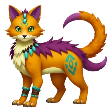 Kawaii cute reddish orangish yellowish greenish purplish exotic tribal beautiful pretty elegant divine edgy feline-vernid-sergal-Fakémon-Pokémon-Digimon-fursona-animal-creature with accessories, full body, with intricate detailed markings sticker