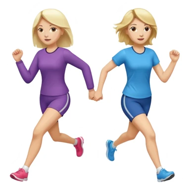 I want 2 women holding hands running in same direction, one is brunette, one is blonde different outfits and please hold hands sticker