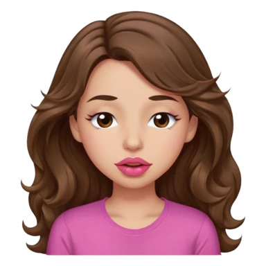 girl with long wavy brown hair, brown eyes, light to medium complexion, in a pink shirt, pink lips, long lashes, puckering lips kissing, winking with one eye closed sticker