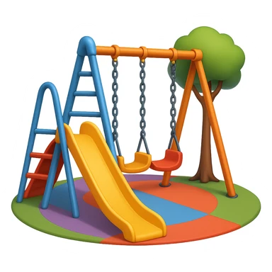 Add subtle shading and small accents to the playground elements to enhance detail while keeping the frame minimal with one slide. The playground floor should be colorful and round. The style should emulate emoji style with no background. sticker