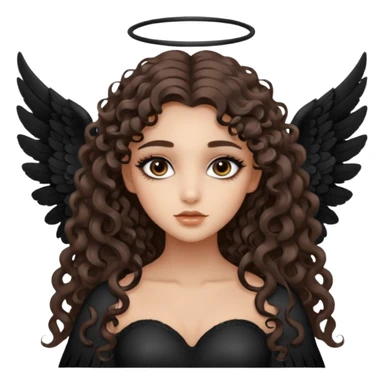 A girl has brown eyes with smoky eyes, brown long curl hair, wearing big black angel wings sticker