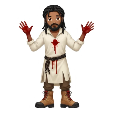 African American man with shoulder length black dreadlocks with black beard wearing a white tunic with blood on it wearing timberland boots with hands out clean sticker