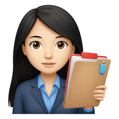 a light tan woman with long black hair past mid-back, round brown eyes and manila folder in her hands sticker