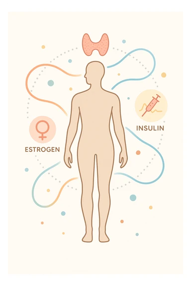 Il corpo è circondato da simboli delicati e bilanciati che rappresentano equilibrio ormonale e metabolico: piccoli cerchi, flussi energetici colorati, simboli stilizzati di tiroide, picco insulina, estrogeni. 4k immagine sticker