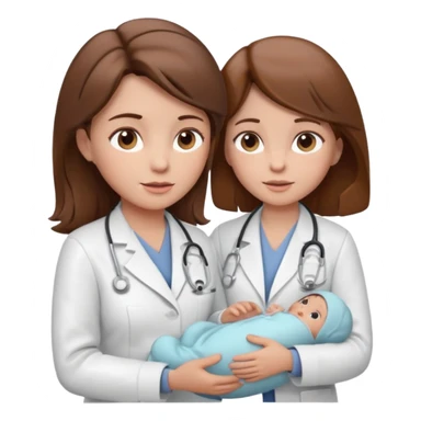 Show a nurse in a white coat, attending to a baby, with a light expression and soft detail typical of modern emojis. The scene should have a clean look, with subtle shadows and soft contours, brown hair, maintaining the 3D cartoon style used in iOS emojis.  sticker
