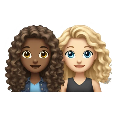 Create an image of 3 girlfriends.1 girl with curly brown - haired woman with brown eyes.next girl with long hair with a blonde ombre, brown eyes.next girl with black wavy long hair, blue eyes. sticker