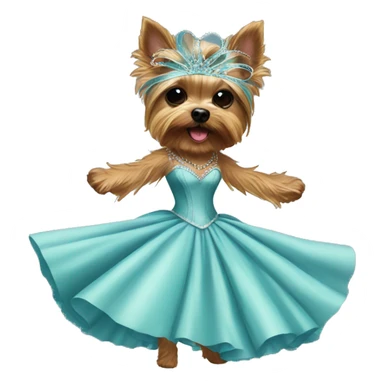 Yorkie dancing in a ballgown with a masquerade mask sticker