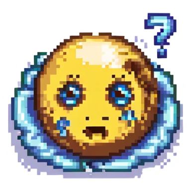 confused emoji with swirling eyes and question marks floating above, pixel art style sticker