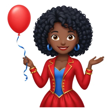 woman with curly black hair and dark face red costume, holding blue balloon sticker