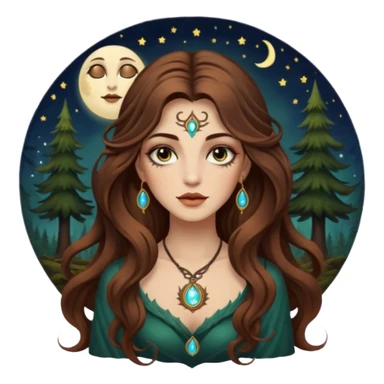 forest mystic woman long wavy brown hair tattoos half-lidded eyes moon glow sticker