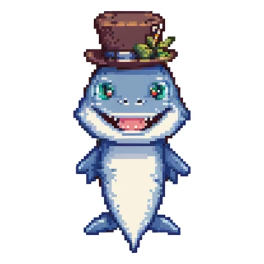 pixel art shark, smiling, with a tophat sticker