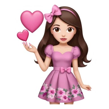 Chocolate brown clothes emoji, inspired with brunette hair, brown eyes, long hair, heart shape lips and pink make up  and pink nails, mauve pink blush and floral pink dress, half up hair with white bow peaking on the sides, white heels  sticker