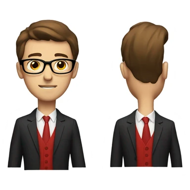 skinny guy with brown hair, black glasses and red suit sticker