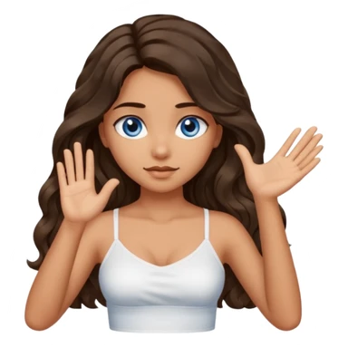 Girl with olive skin, blue eyes, brown dark insanely wavy long hair, white camisole, left hand palm up crossing arms in an x shape sticker