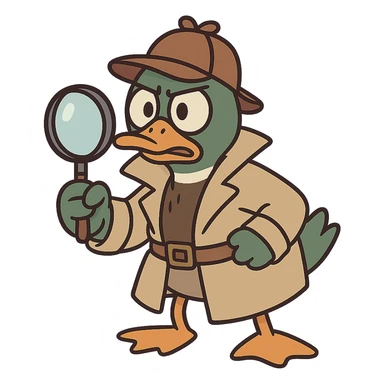 cute mallard duck dressed as a detective, wearing a trench coat and detective hat, holding a magnifying glass, cartoon style sticker