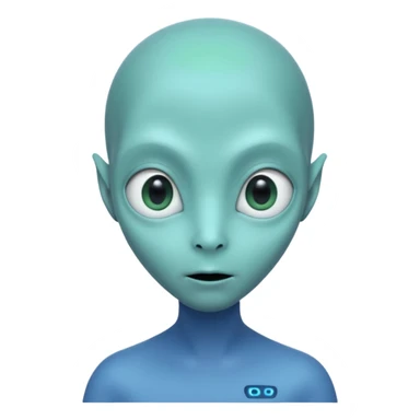 Portrait of an alien with smooth greenish-blue skin, large black oval eyes, small nose, and no visible ears, elongated head, front-facing, wearing t-shirt, soft glow, simple futuristic design sticker