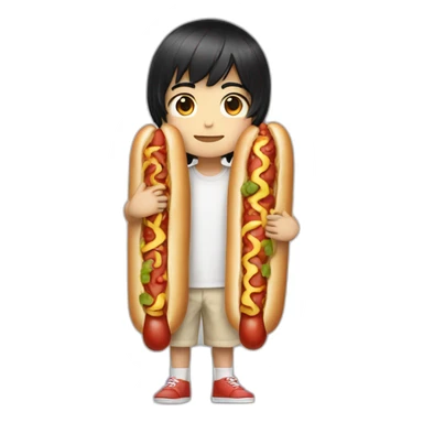shoulder length black hair chibi boy wearing hotdog costume sticker