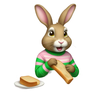 Rabbit wearing pink and green stripe sweater and eating bread sticker