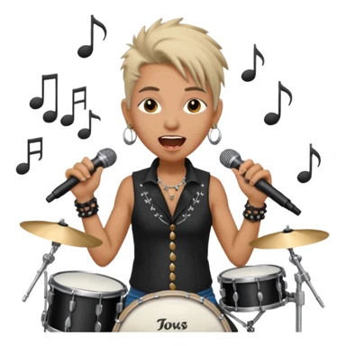 senior rocker drummer, singing into mic, wild expression, earrings, classic rock outfit, energetic, music notes, lively background sticker