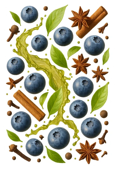 mirtilli, thè verde, spezie, fluttuano in aria, iperrealistico 4k sticker