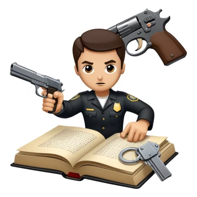 Icon for Action & Crime Reading: an open book with dramatic action scenes, surrounded by a gun, handcuffs, a badge, and a shadowy figure. The icon should evoke suspense, danger, and intrigue of crime and action stories. Transparent background. sticker