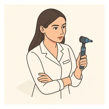 A female doctor with dark long straight hair and detailed brown eyes (not just dots), wearing a white medical coat, holding a medical instrument, in 2D isometric style with a minimalist background, with a serious facial expression. sticker