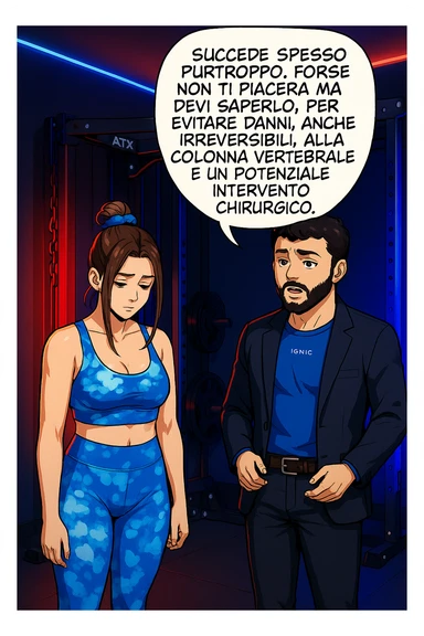 fai questa immagine in versione fumetto/manga/webtoon a colori, il manga mostra l'uomo che risponde alla donne:
Succede spesso purtroppo. 
Forse non ti piacerà ma devi saperlo, per evitare danni, anche irreversibili, alla colonna vertebrale e un potenziale intervento chirurgico. sticker