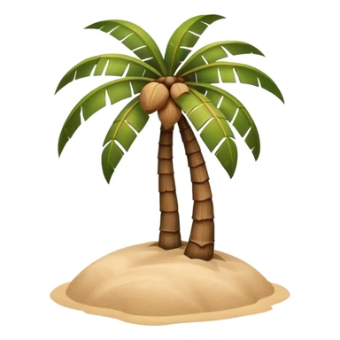 A 3D cartoon coconut palm tree with coconuts near the top and a sandy base, tropical light setting, Memoji-style realism. sticker