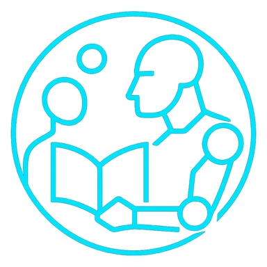 Make the human and robot figures even more abstract and geometric, using simple shapes and lines to suggest their presence around the book. Maintain the Tron-blue, high-tech, glowing style and the circle composition. No text. sticker