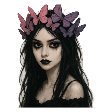 gothic emo girl, matte pink and purple butterfly crown, dark eyeliner, expressive eyes, mysterious and elegant sticker
