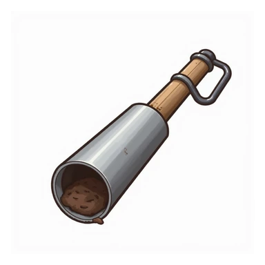 realistic icon style of a soil core sampler tool, cylindrical metal tube with a handle, used for collecting soil samples for carbon dating, shown with a soil core inside sticker