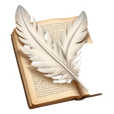 Create a poetic and elegant emoji representing poetry. The design should feature several vintage, gracefully flying pages with short, poetic columns written on them. A white feather quill should be depicted writing on one of the pages, with ink flowing smoothly. The pages should have a soft, antique look, with subtle details to convey the delicate nature of poetry. Use soft, light colors with a romantic, airy feel. Make the background transparent. sticker