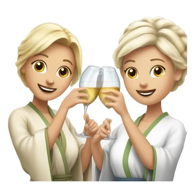 A young blonde woman and an older woman in spa robes doing a cheers witch champagne glasses sticker