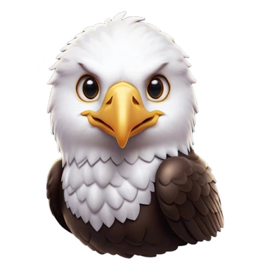 Cinematic Cute American Eagle Portrait Emoji, Head tilted playfully and inquisitively, featuring a streamlined form with a subtle blend of dark and white plumage and round, sparkling eyes full of spirited charm, Simplified yet irresistibly adorable features, highly detailed, glowing with a warm, inviting glow, high shine, affectionate and lively, stylized with a touch of whimsical aerial grace, soft glowing outline, capturing the essence of a mischievous yet endearing American eagle that seems as if it could glide out of the screen into your heart! sticker