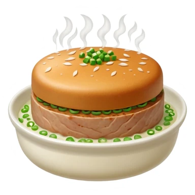 Emoji of a Chinese steamed pork patty in a small dish, topped with chopped scallions and steam rising, soft texture, minimal style. sticker