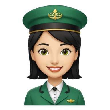 Lady hotel butler with green uniform black hair and just a lite bit brown skin and Arabic face with our hat please sticker