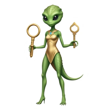 a reptilian alien woman full body, in gold dress, hold big key sticker