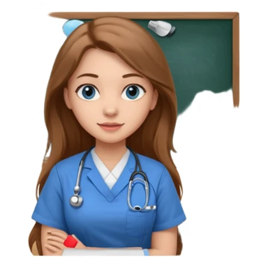 university classroom that says nursing school on the blackboard with a pretty female nursing student with long brown hair, blue eyes sticker
