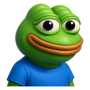 pepe in
- 3d style
- bright green
- blue shirt
- smiling
- looking straight at the camera
- good highlights and shadows
- 30deg angled towards the left sticker